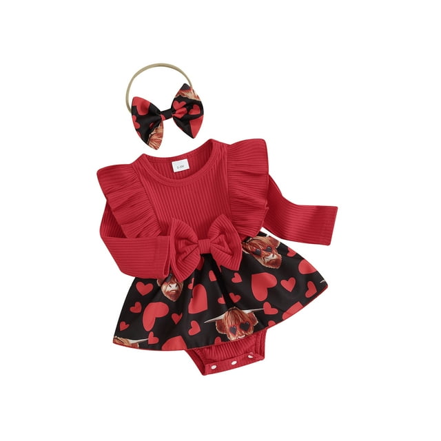 FOCUSNORM Infant Girls Valentine's Day Romper Dress Heart Print Long Sleeve Ruffled Round Neck Jumpsuit with Headband