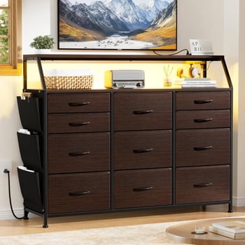 Comoda Cajonera para Recamara -11 Cajones De Tela con Parte Superior de Madera y Marco De Acero Plegable - Mueble Organizador con cajonera para Ropa - Luces LED - Estación de Carga.