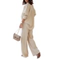 thumbnail image 5 of Women Pleated 2 Piece Outfit Loungewear Pants Set Long Sleeve Button Down Blouse Shirt Palazzo Pants Suit Streetwear, 5 of 5