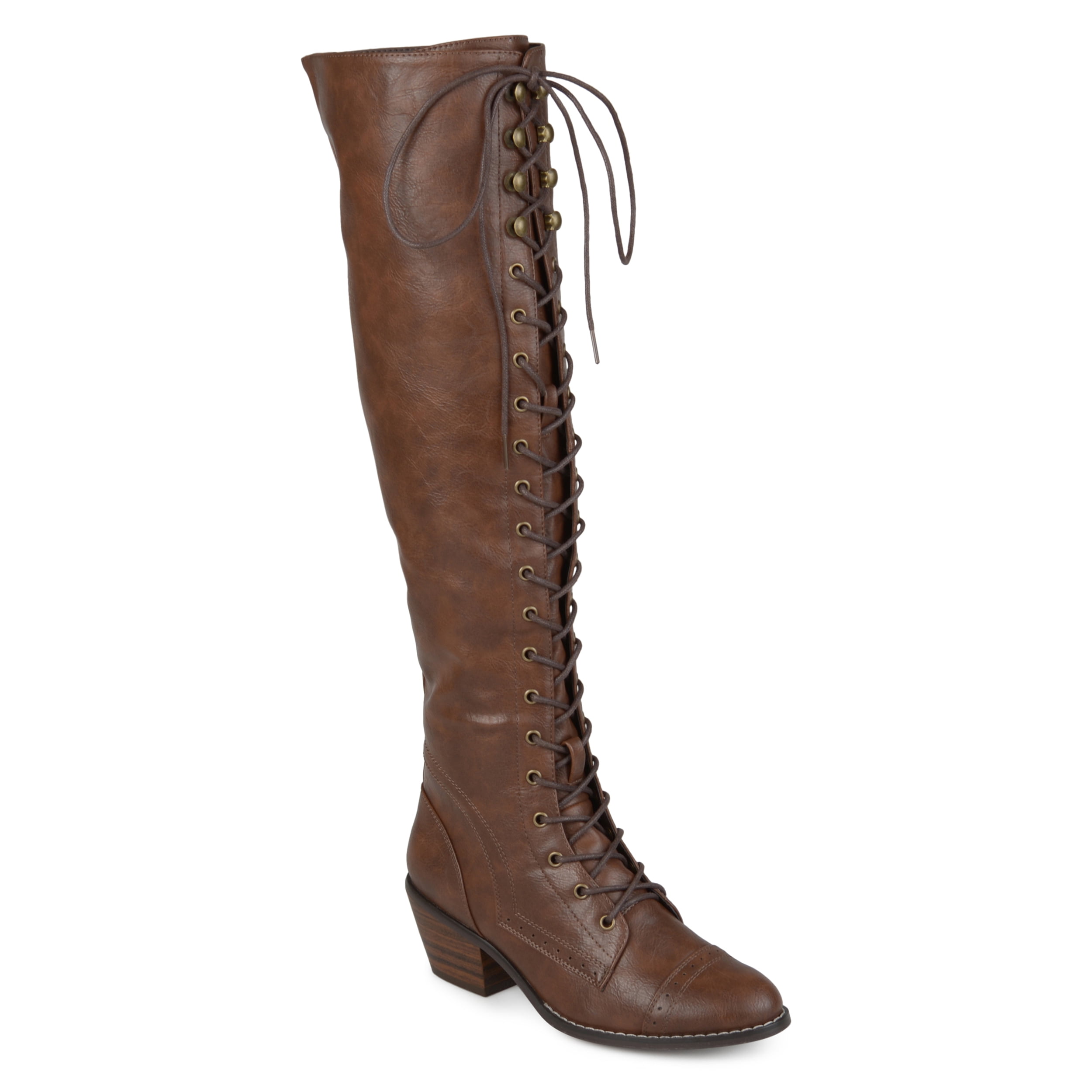 7.5 Wide Calf US Brinley Co Womens Blitz Faux Leather Regular and Wide Calf Over-The-Knee Lace-up Brogue Boots Brown