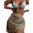 thumbnail image 3 of Women Knitted Sarongs Solid Color Hollow-Out See-Through Tassel Mini Beach Skirts Summer Drawstring Slit Swimsuit Cover-Ups, 3 of 6