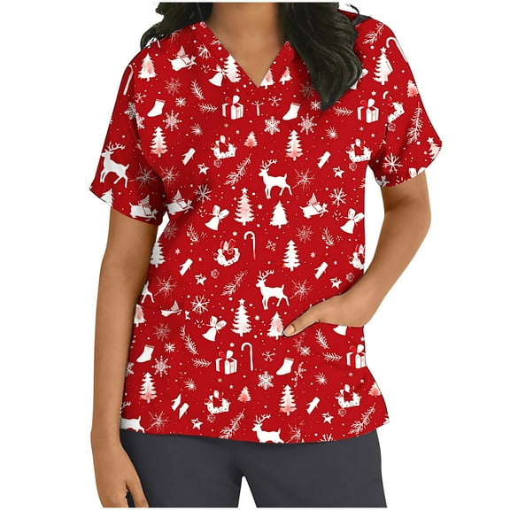Xfvqtps Christmas Scrub Tops for Women Soft V-Neck Scrubs Comfortable Nursing Uniforms Christmas Printed Short Sleeve Top Protective Clothing Working Uniforms with Pockets Red