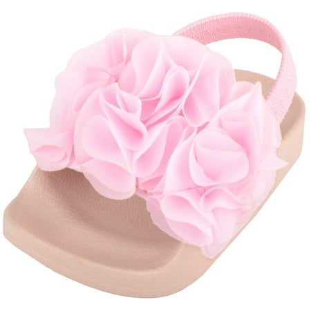 

ABSOLUTE FOOTWEAR Childrens Kids Girls Easy Slip On Open Toe Elasticated Summer Holiday Sandal with Embroidered Flower - Pink - US Infant 9