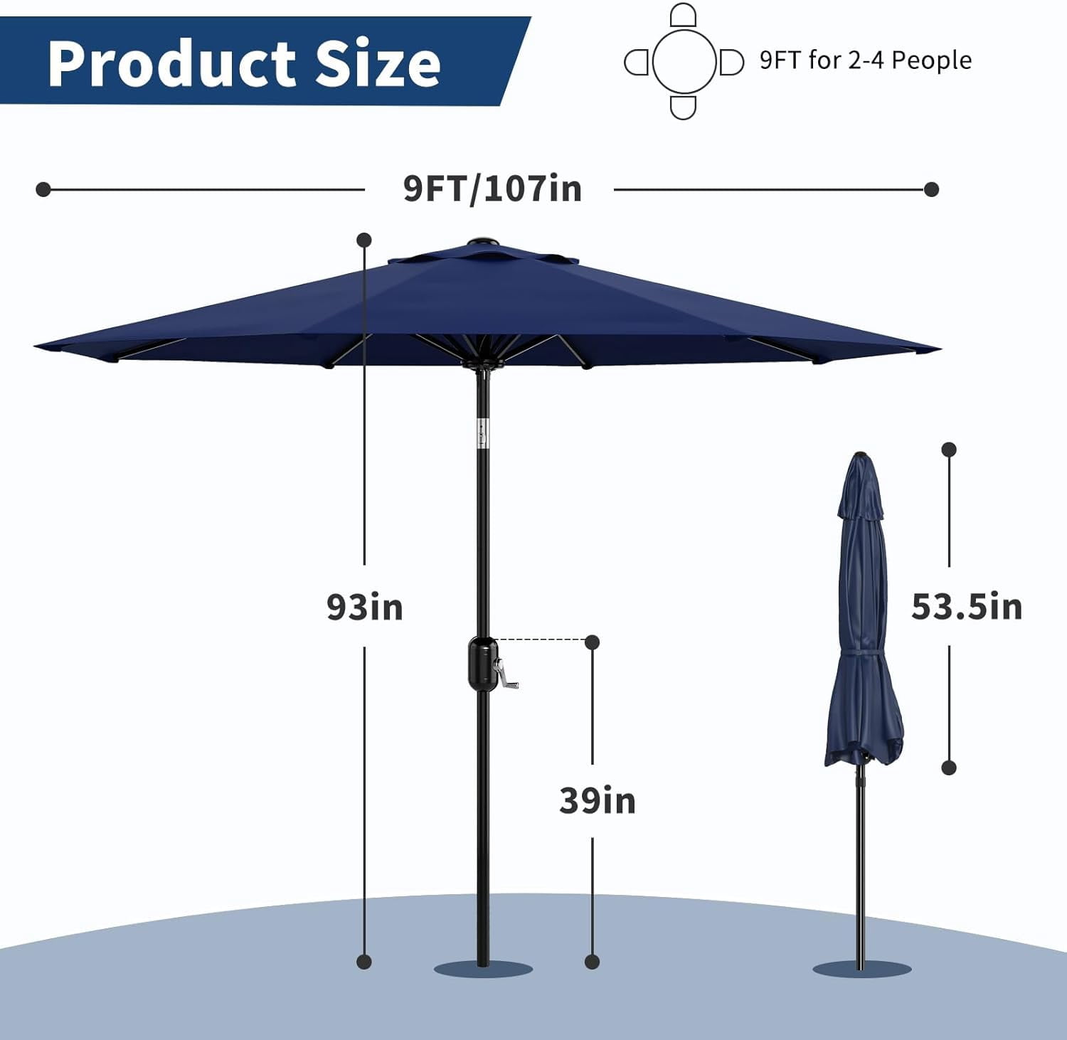 Simenmax 9ft Patio Umbrella, Outdoor Table Umbrella of 9-Feet with 8 Ribs and Push Button Tilt and Crank, Blue