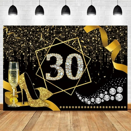 Image of Fabulous 30th Women Birthday Party Customized Backdrop Gold High Heels Champagne Ribbons Photography Background