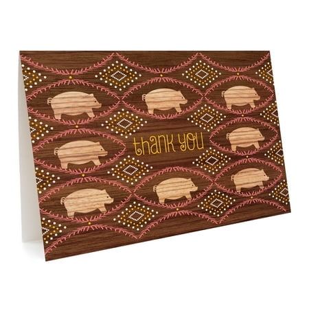 Piggies Thank You Cards, Box of 6 - Rustic Walnut Background with Birch Wood Pigs & Pink Wreaths - Eco-Friendly Premium Paper, Blank Inside, Envelopes Included - Made in USA Small Business