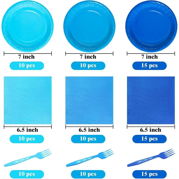 YUYAN-Serves 35 Guests Dusty Blue Plates and Napkins Party Supplies,7" Gradient Blue Birthday Dessert Paper Plates and Napkins,Disposable Party Dinnerware for Wedding,Graduation