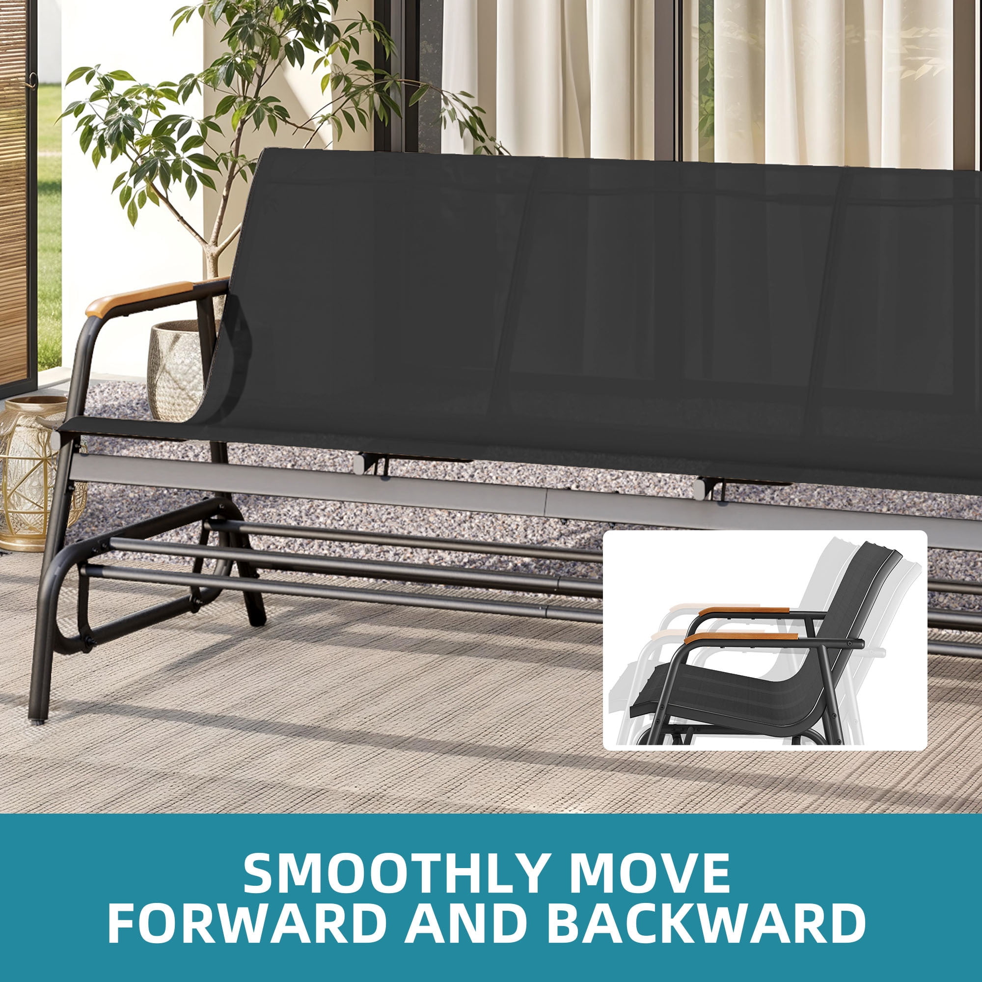 Uforic 3-Seat Patio Glider Bench, Outdoor Porch Swing with Breathable Textilene Mesh Fabric, Black