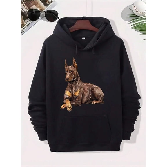 Men's Black Hoodie With Brown Doberman Pinscher Graphic - Streetwear Pullover Sweatshirt, Front Pocket, Machine Washable Dog Lover Apparel For Everyday Casual Outfits, Dog Hoodie, Comfortable Cotton,