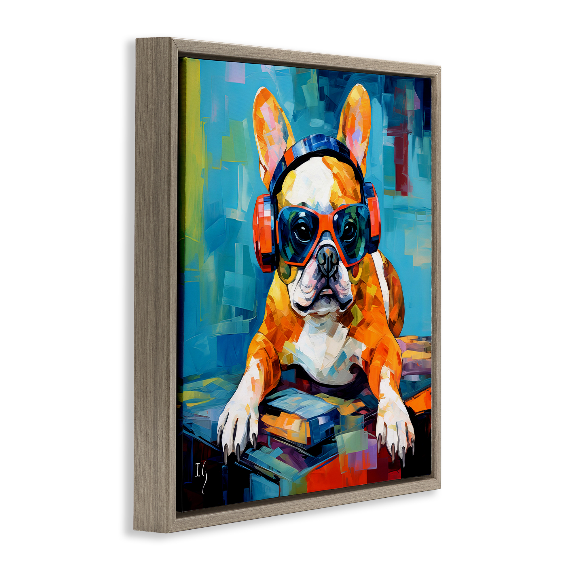 Stupell Industries French Bulldog with Headphones Animals & Insects Painting Brown Floater Framed Canvas Art Print Wall Art, 18 x 18