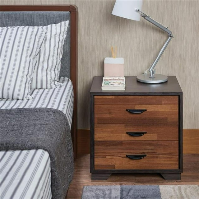 Benzara BM154632 Rectangular 3 Drawers Wood Nightstand, Brown