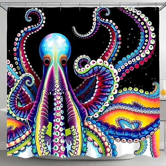 Vibrant Octopus Shower Curtain - Bold Colors on Black Background Eye-Catching Bathroom Decor