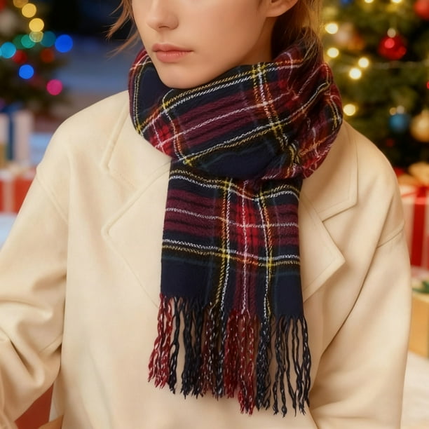 Bufanda de invierno cálida para mujer, tipo chal grande, ideal para clima frío. Bufanda larga de punto grueso a cuadros azul oscuro y rojo. Suave y ligera, unisex.