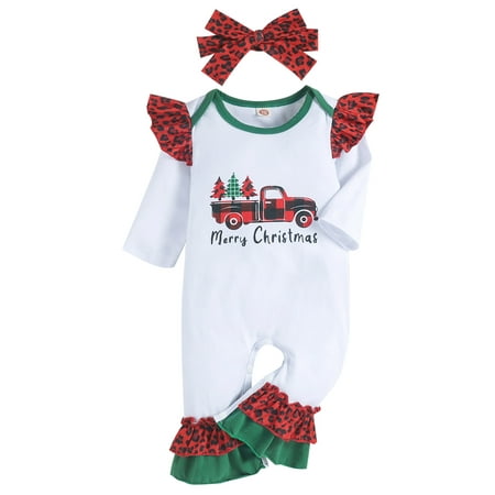 

Canrulo Newborn Baby Girls Christmas Clothes Set Long Sleeve Romper Tops Headdress Jumpsuit Outfits White 6-9 Months