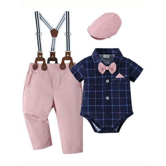 CARETOO Baby Boy Clothes Suit Plaid Shirt Suspender Pants Beret Hat Tie Formal Cotton Fabric 3pcs