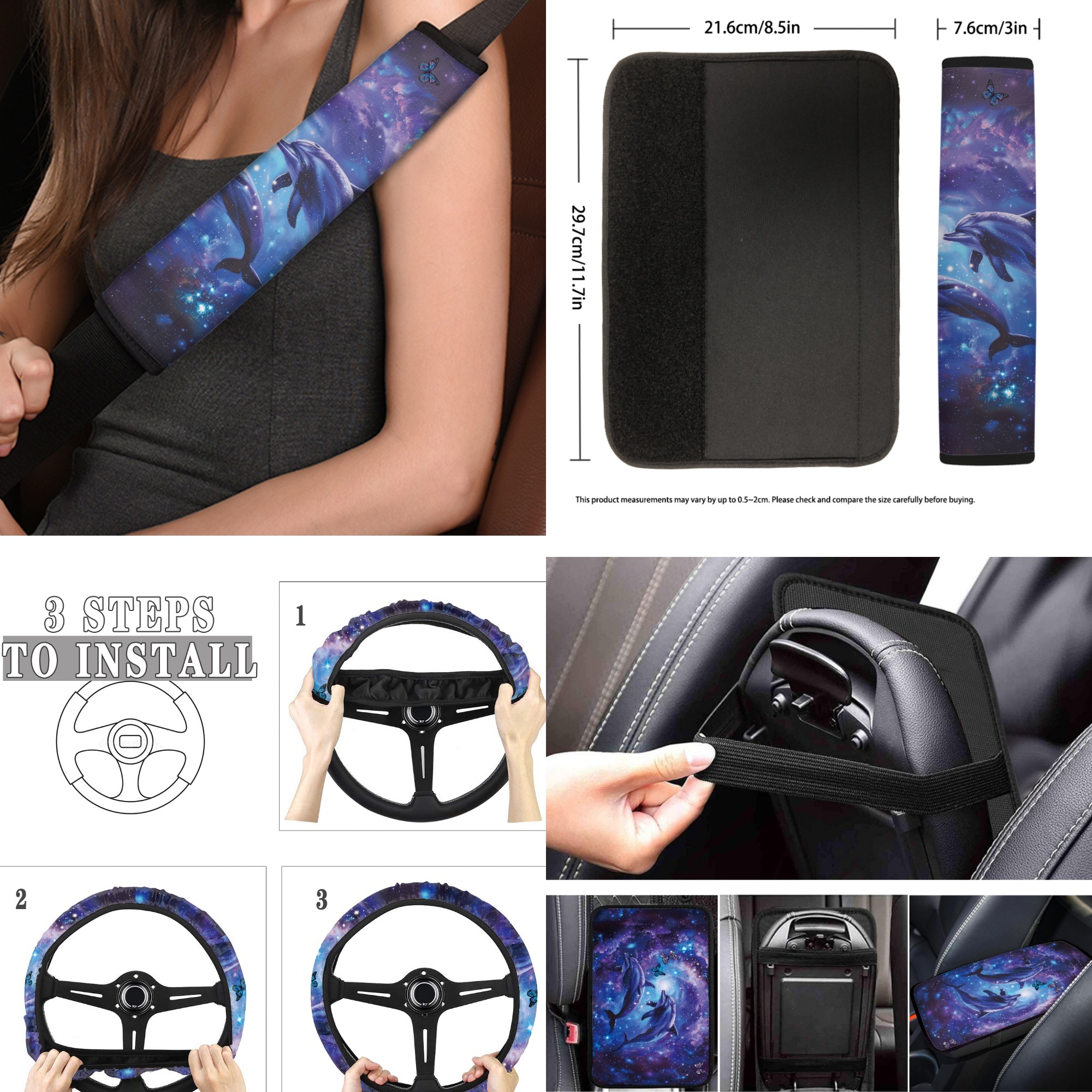 Jeiento Dolphin 17 Pcs Car Interior Sets, Car Seat Covers Full Set with Floor Mats Carpets Arm Rest Cover Seat Belt Cover Galaxy Sky Coaster, Universal Fits for Most Cars Truck SUV Sedan