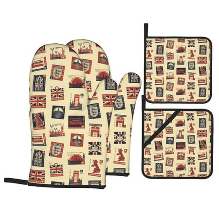 

Oven Mitts and Pot Holders 4 pcs Set England Stamp print Heat Resistant Pot Holders Oven Mitts for kitchen Non-Slip Hanging Loop Oven Glove Potholders for Baking Cooking