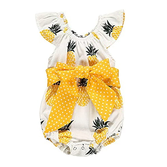 StylesILove Infant Baby Girls Yellow Pineapple with Bow Off Shoulder Cotton Romper Sunsuit Spring Summer Outfit (6 Months)