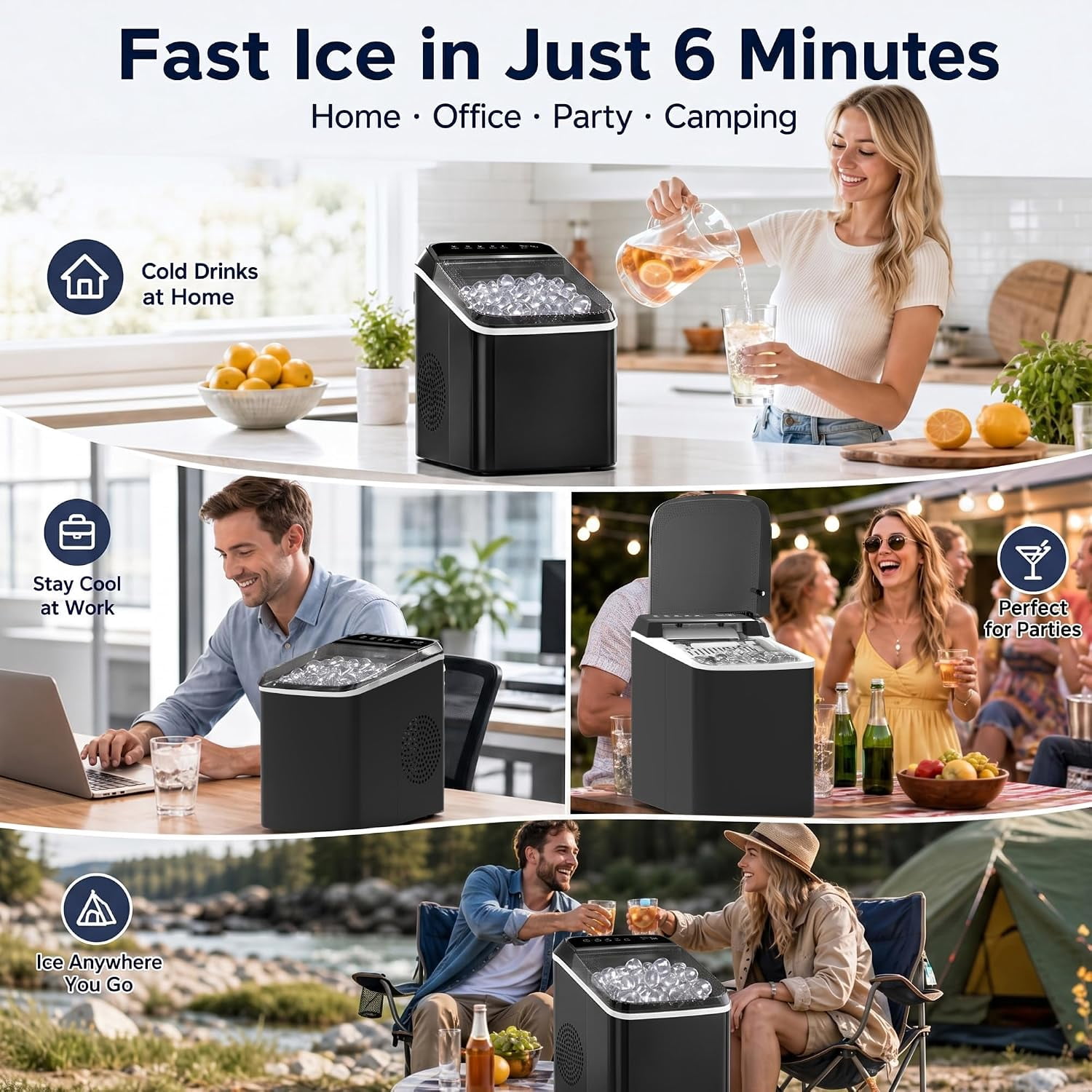 Countertop Bullet Ice Maker Machine 33lbs/Day, 6 Mins Fast Ice 2 Sizes Auto Self Clean with Ice Basket Scoop for Home Kitchen Office Bar Party RV