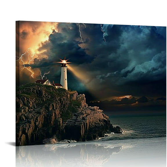 ONETECH Lighthouse Wall Art Storm Sea Ocean Painting Seascape Pictures Nature Lightning Artwork Coastal Beach View Canvas Prints Home Office Bedroom Bathroom Decor
