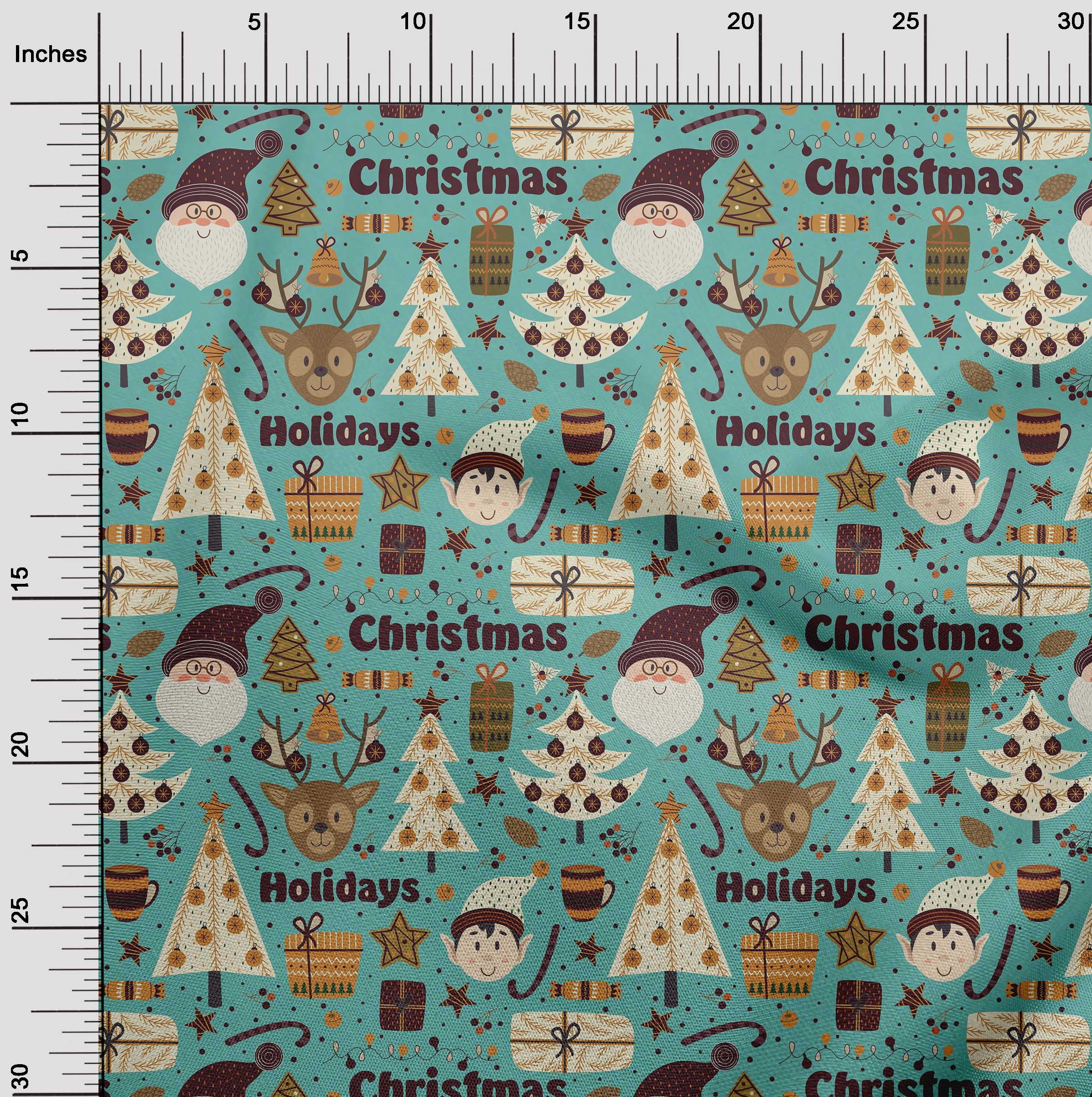 oneOone Cotton Jersey Dusty Teal Green Fabric Santa|Gift Box & Tree Christmas Sewing Material Print Fabric By The Yard 58 Inch Wide