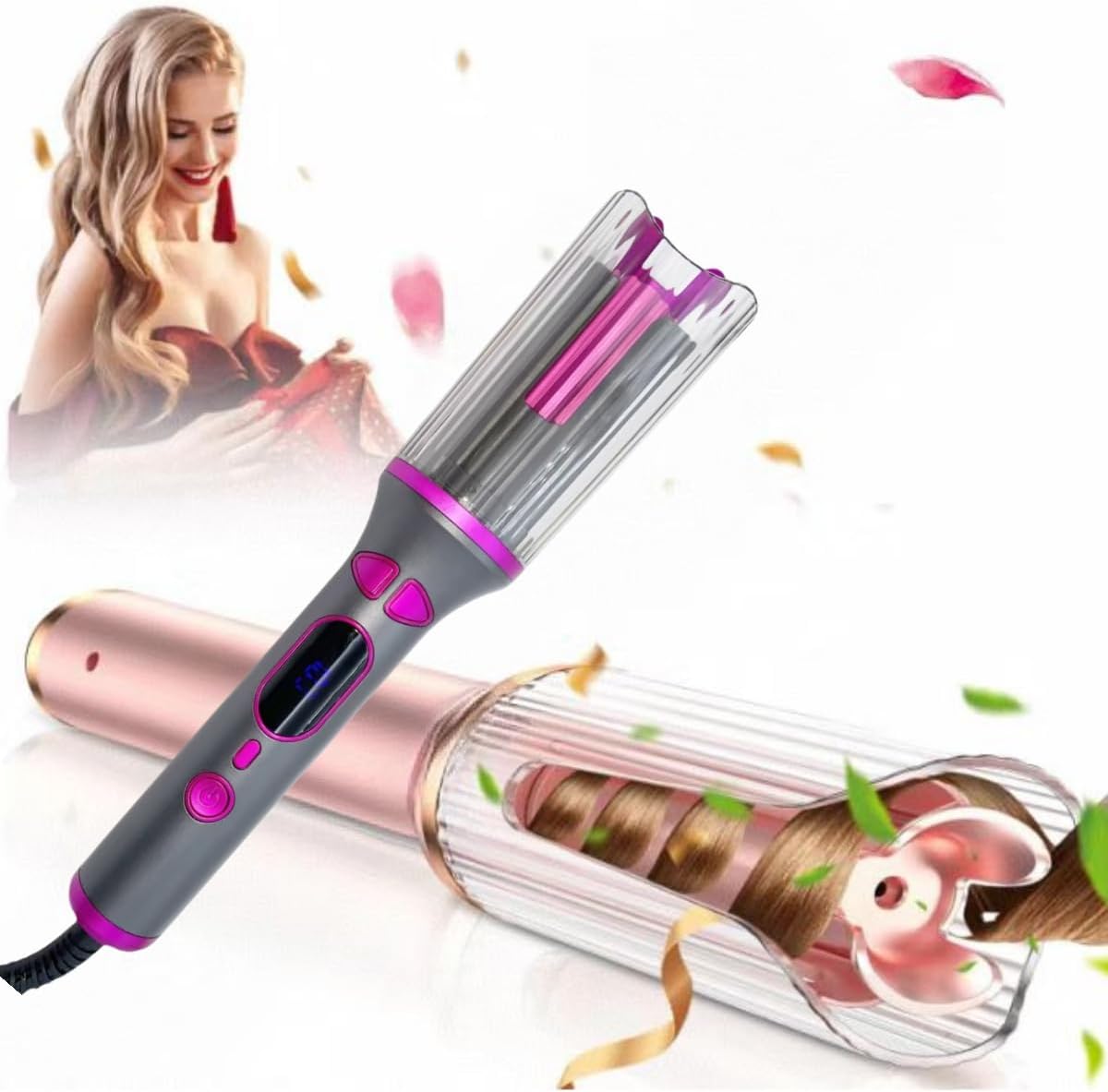 Automatic Curling Iron, 1 Inch Ceramic Barrel, Auto Rotating Hair Curler with 4 Temperature Settings, Timer, Dual Voltage, Auto Shut Off (Grey)