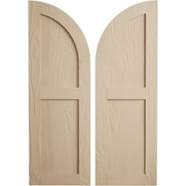 Ekena Millwork 18"W x 60"H (42" Low Side) Timberthane Sandblasted Two Equal Flat Panel w/Quarter Round Arch Top Faux Wood Shutters (Per Pair), Primed Tan
