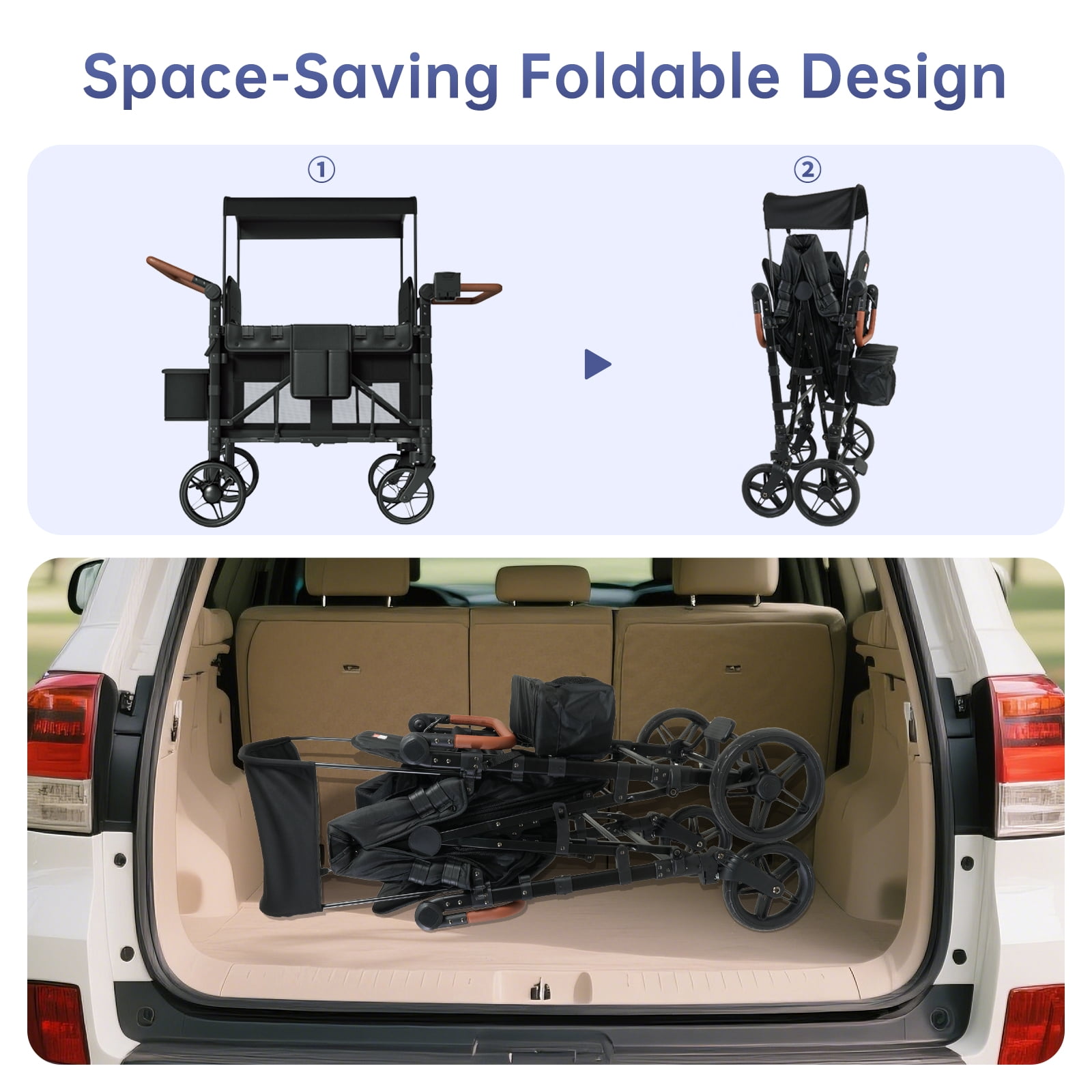 Vipsafe Foldable Wagon Stroller for 4 Kids, Multifunctional Baby Stroller with Detachable Canopy, Adjustable Handlebars, Easy Storage for Toddlers