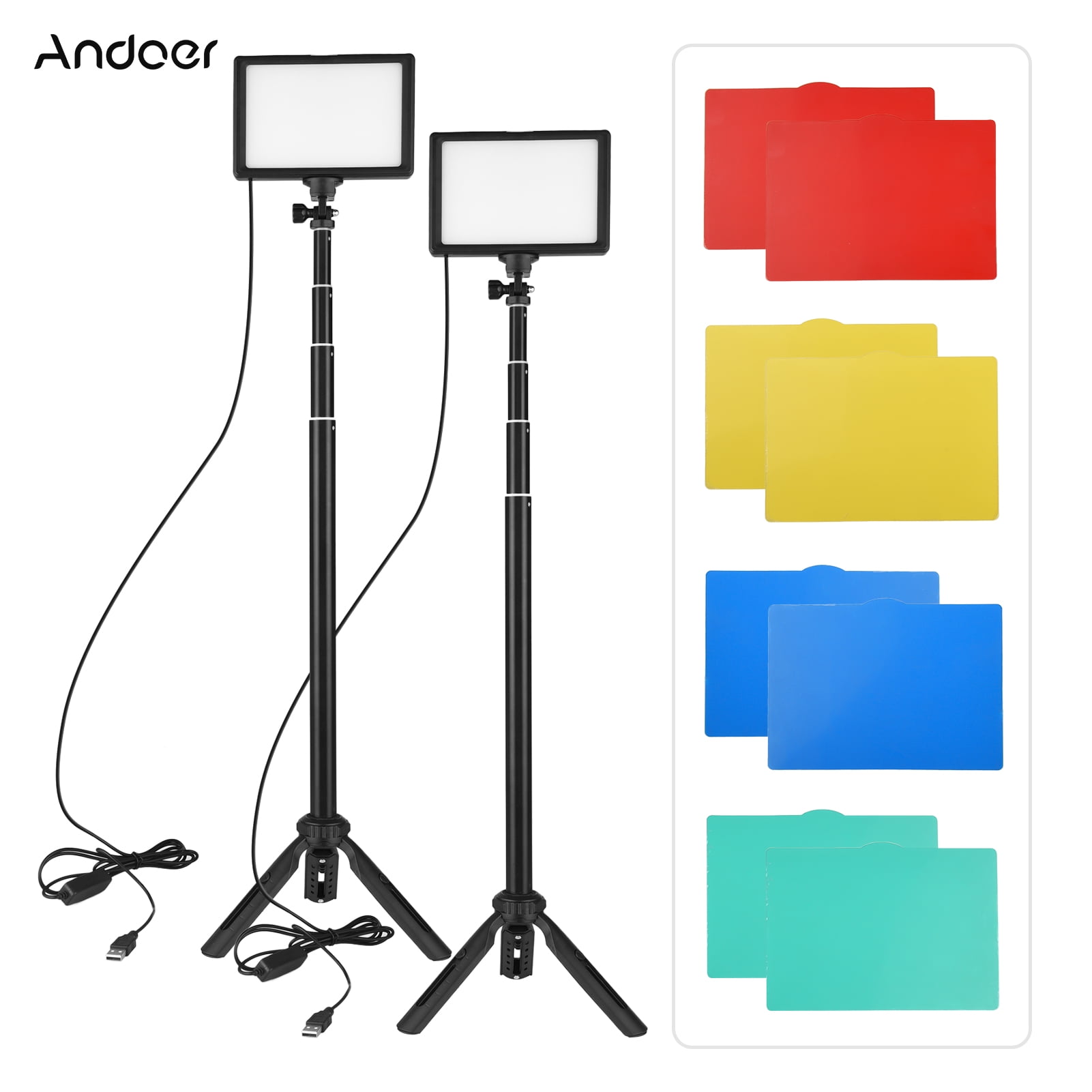 Andoer Kit dÉclairage de Photographie Portable Dimmable 3200K-5600K USB LED Lumière Vidéo Video Light avec Trépied Réglable Filtres de Couleur et Support de Chaussure Froide pour Éclairage Vidéo 