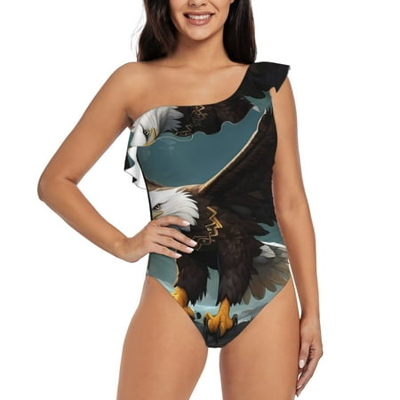 Sikiie Forest River Bald Eagle Print Women One Piece Swimsuits Tummy Control One Shoulder Bathing Suits Ruffle Swimwear  From S to XXL-Large