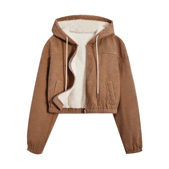 Ashirexll Winter Coats for Women, Womens Fleece Coats, Solid Color Wool Lining Thick Corduroy Long Sleeve Hooded Zipper Jacket