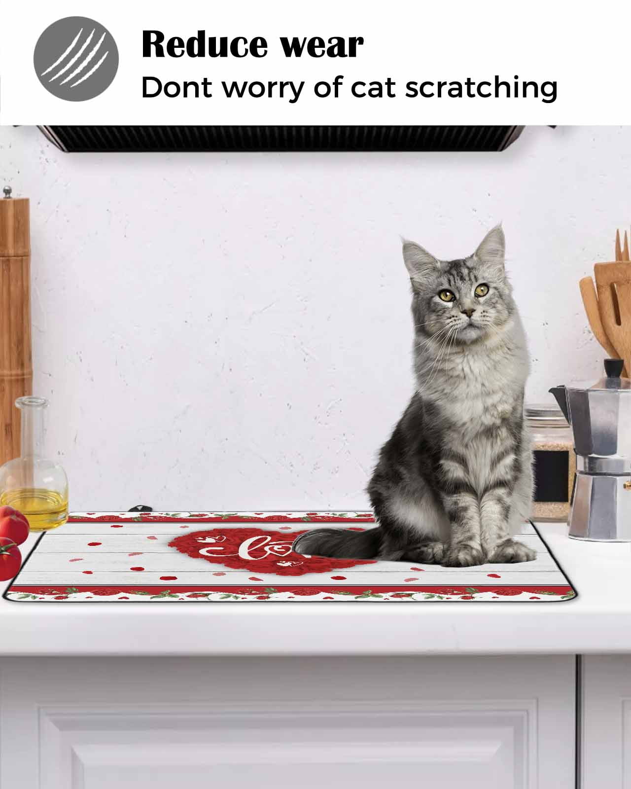 Large Induction Cooktop Protector Mat Valentine's Day Stove Top Covers for Electric Stove, Red Love Heart Roses Romantic Wooden Decorative Stove Burner Cover Mats, Glass Top Stove Cover
