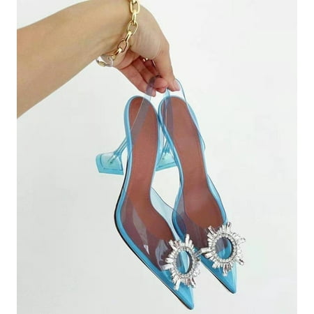 

2022 Star style Green Blue Soft PVC Women Sandals Fashion Crystal Heeled Slingbacks Summer Shoes High heels Wedding Bride Shoes