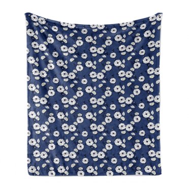 Floral Soft Flannel Fleece Throw Blanket, Repetitive Blooming Clove Flowers on Dark Tone Backdrop, Cozy Plush for Indoor and Outdoor Use, 70" x 90", Night Blue Cream, by Ambesonne