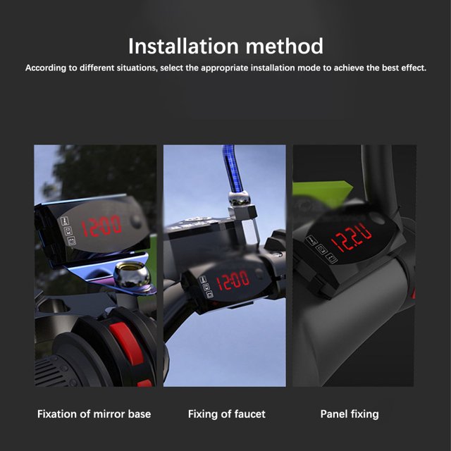 Universal 3-in-1 Motorcycle Voltmeter Motorbike Digital Display Voltage LED Screen 3-in-1 Motorcycle Temperature Meter Clock Gauge Measuring Tool Upgrade Blue