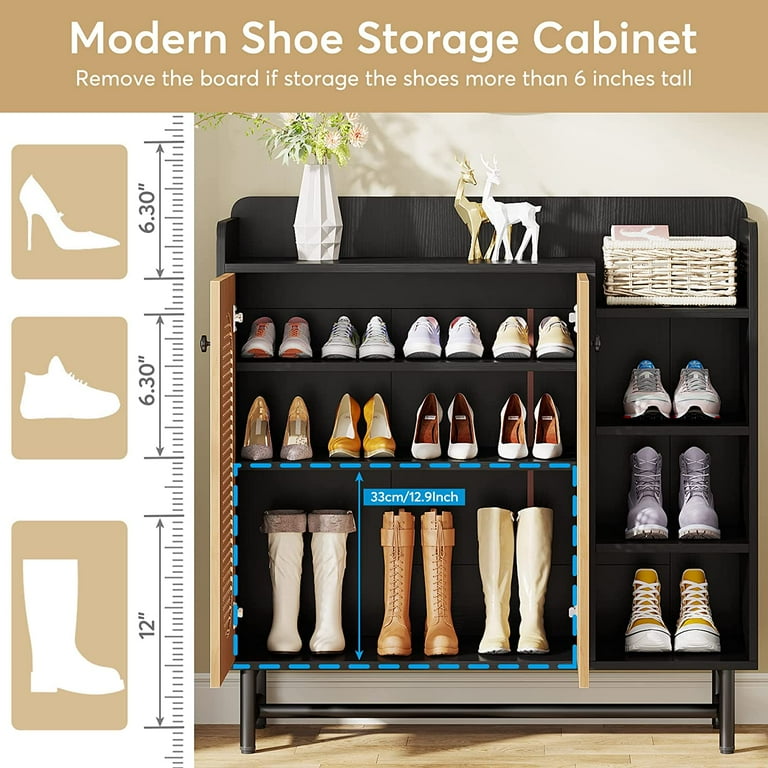 Tribesigns Shoe Cabinet Rattan Shoe Storage Cabinet with Doors and 5 Shelves for Closet Living Room Bedroom Black Brown