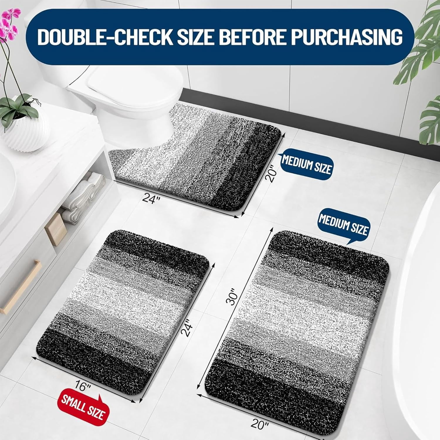 Buganda Microfiber Bathroom Rugs, 20"x30" Black Luxury Extra Soft and Absorbent Bath Mat, Non-Slip Plush Bath Carpet