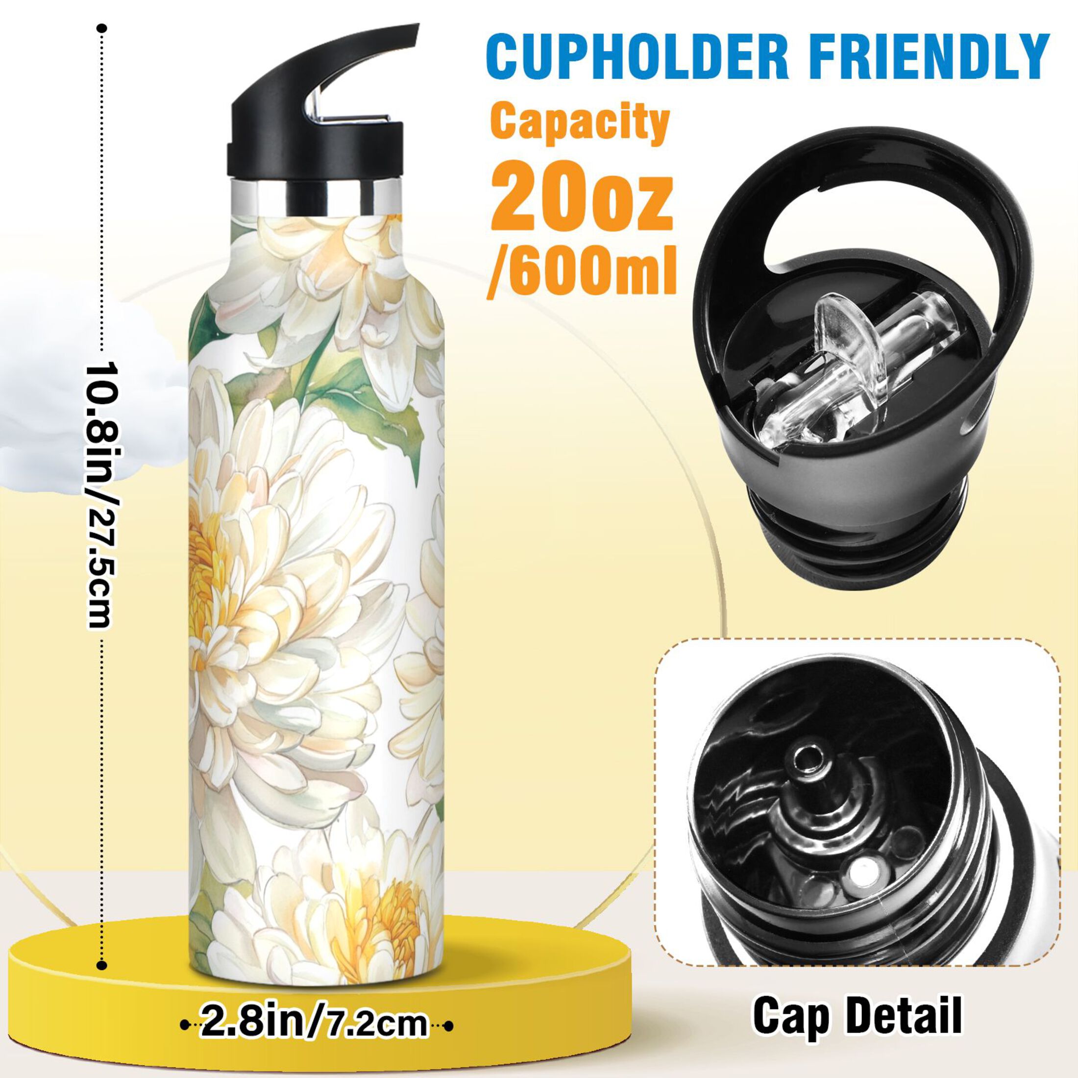 600ML Stainless Steel Insulated Cup Sports Water Bottle Portable Thermos Cup Water Glasses Insulated Tumblers Convenient and Durable Chrysanthemums White
