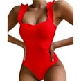 thumbnail image 2 of Fairnull Square Collar Backless Ribbed Women Monokini Ruffle Shoulder Straps Solid Color One-piece Bikini Beachwear, 2 of 7