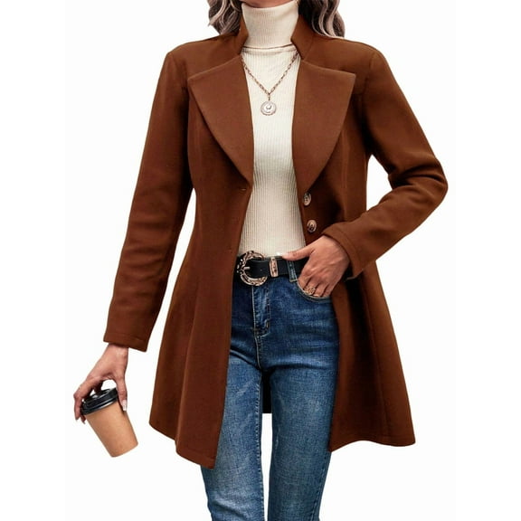 Women Winter Wool Blend Camel Mid-Long Coat - Singular-Breasted Lapel Jacket Outwear Coffee Color L