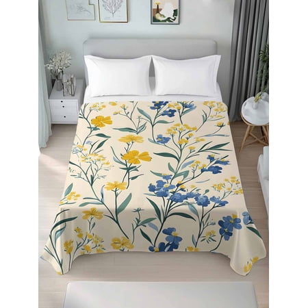 Seasonal Botanical Blooms Twim Size Flat Sheet, Wrinkleproof & Fadeproof Cooling Flat Bed Sheet Only, Blue Yellow Flowers Breathable Soft Bedding Top Sheets 66 x 96 Inches
