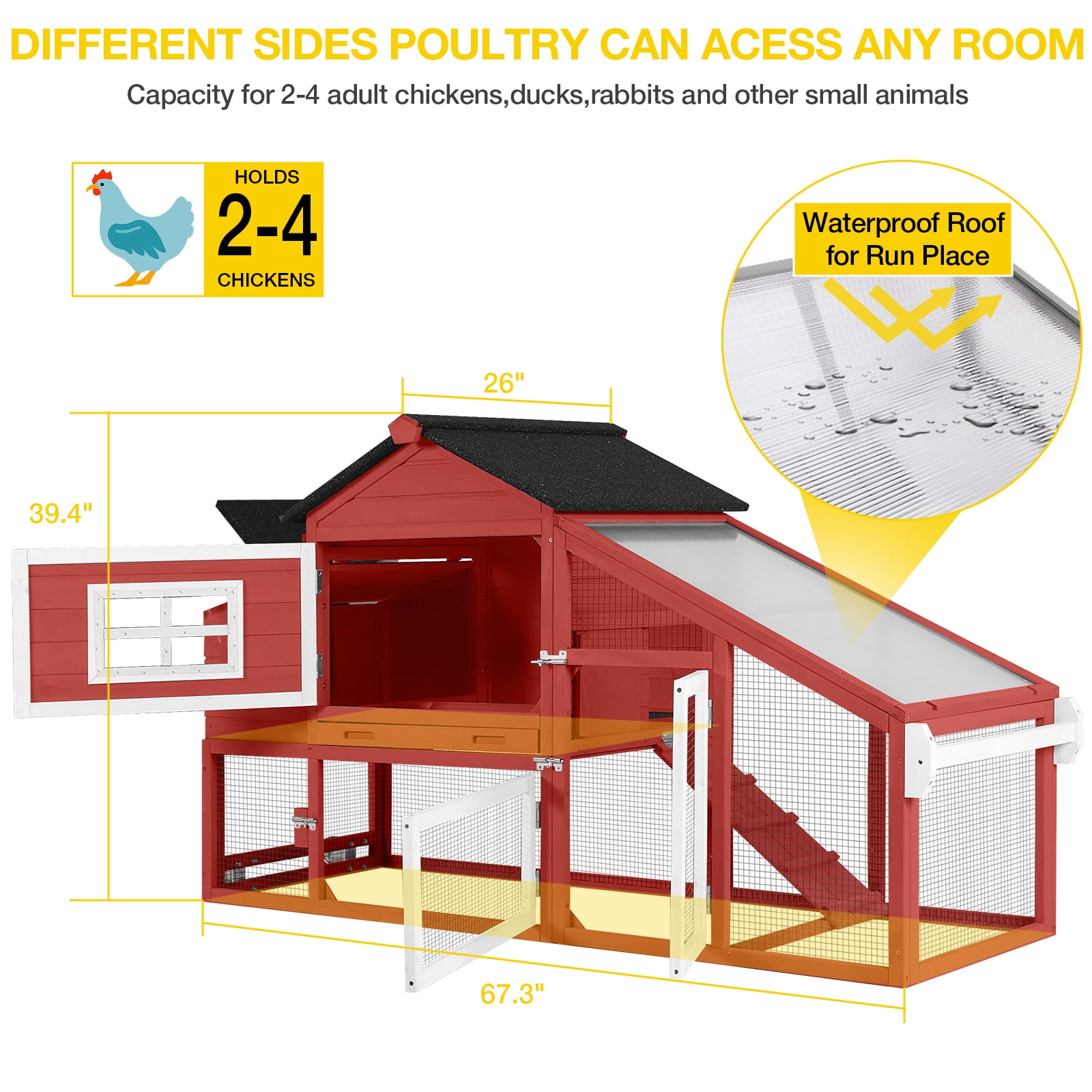 Aivituvin Large Chicken Coop with Wheels, Mobile Chicken House for Outdoor, Poultry Cage with Nesting Box, Leakproof Pull-Out Tray & UV-Resistant Roof