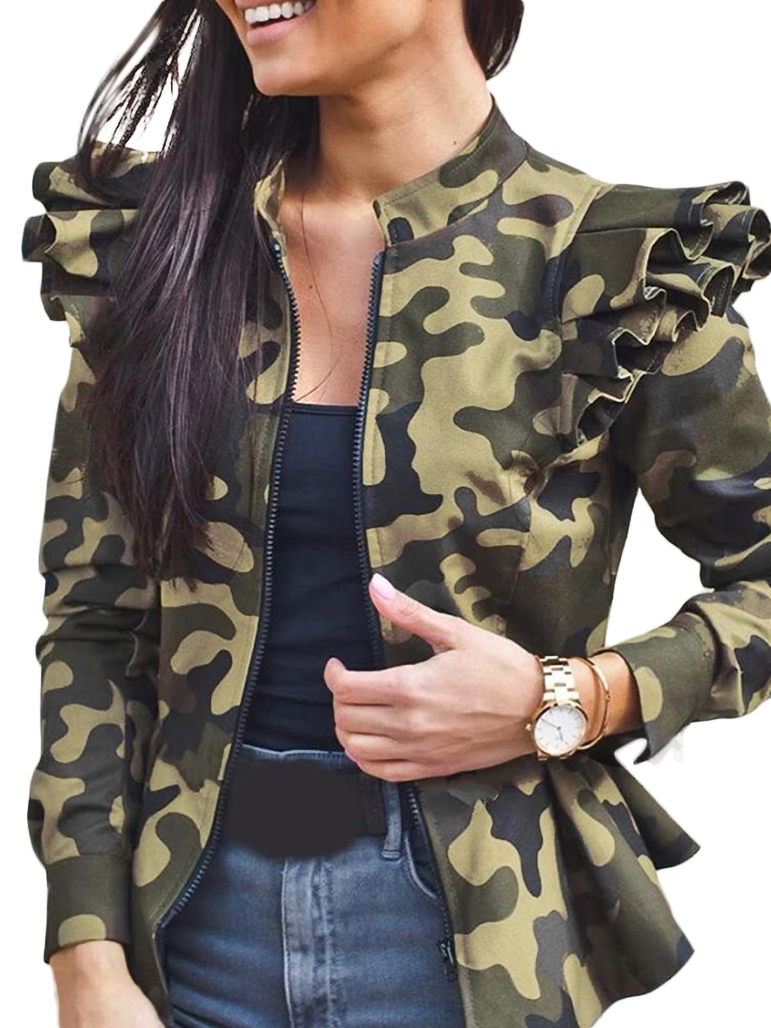 Lady Short Coat Jacket Blazer Army Outwear Camouflage Bomber Zip Up Classic Zip 