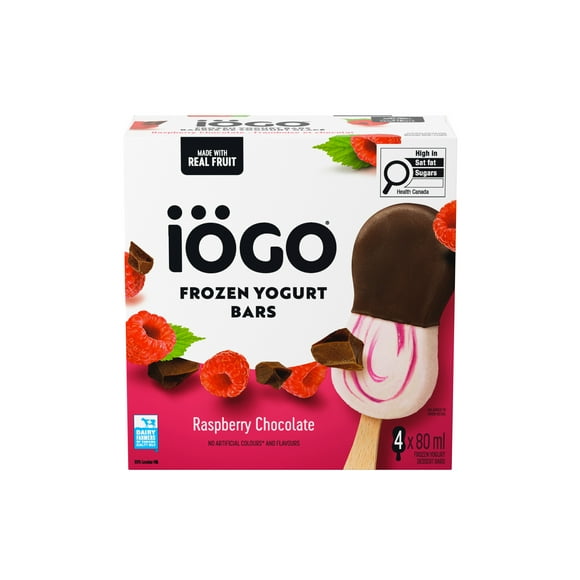 Frozen Yogurt Bars, Raspberry Chocolate, Vanilla Frozen Yogurt With Raspberry Ripple, Half-Dipped In Chocolatey Flavoured Coating, Prepared In Canada, Real Fruit, 100% Canadian Milk, 320 mL