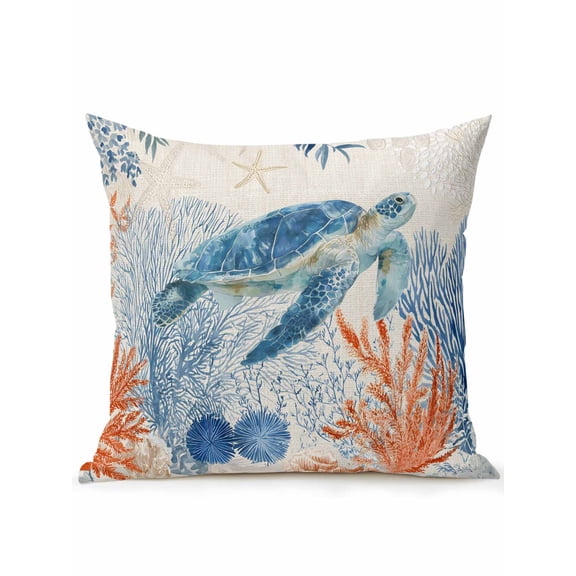 1 Pack Outdoor Throw Pillow, Sea Turtle Coastal Waterproof Pillow with Insert Included, Summer Beach Coral Nautical Rustic Decorative Accent Cushion Sofa Pillows for Patio Porch, 16 x 16 In