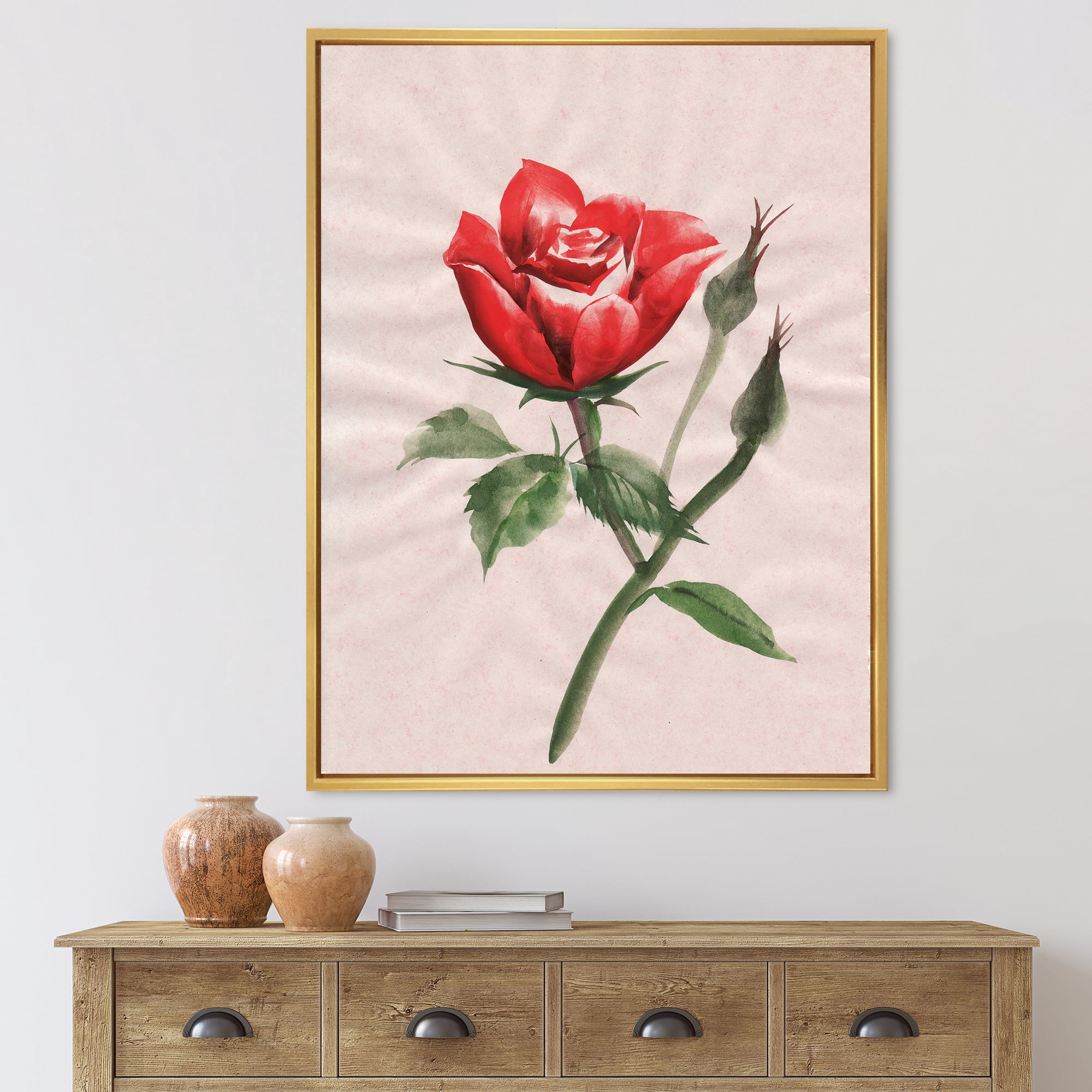 Designart 'Ancient Red Rose Flower II' Traditional Framed Canvas Wall Art Print