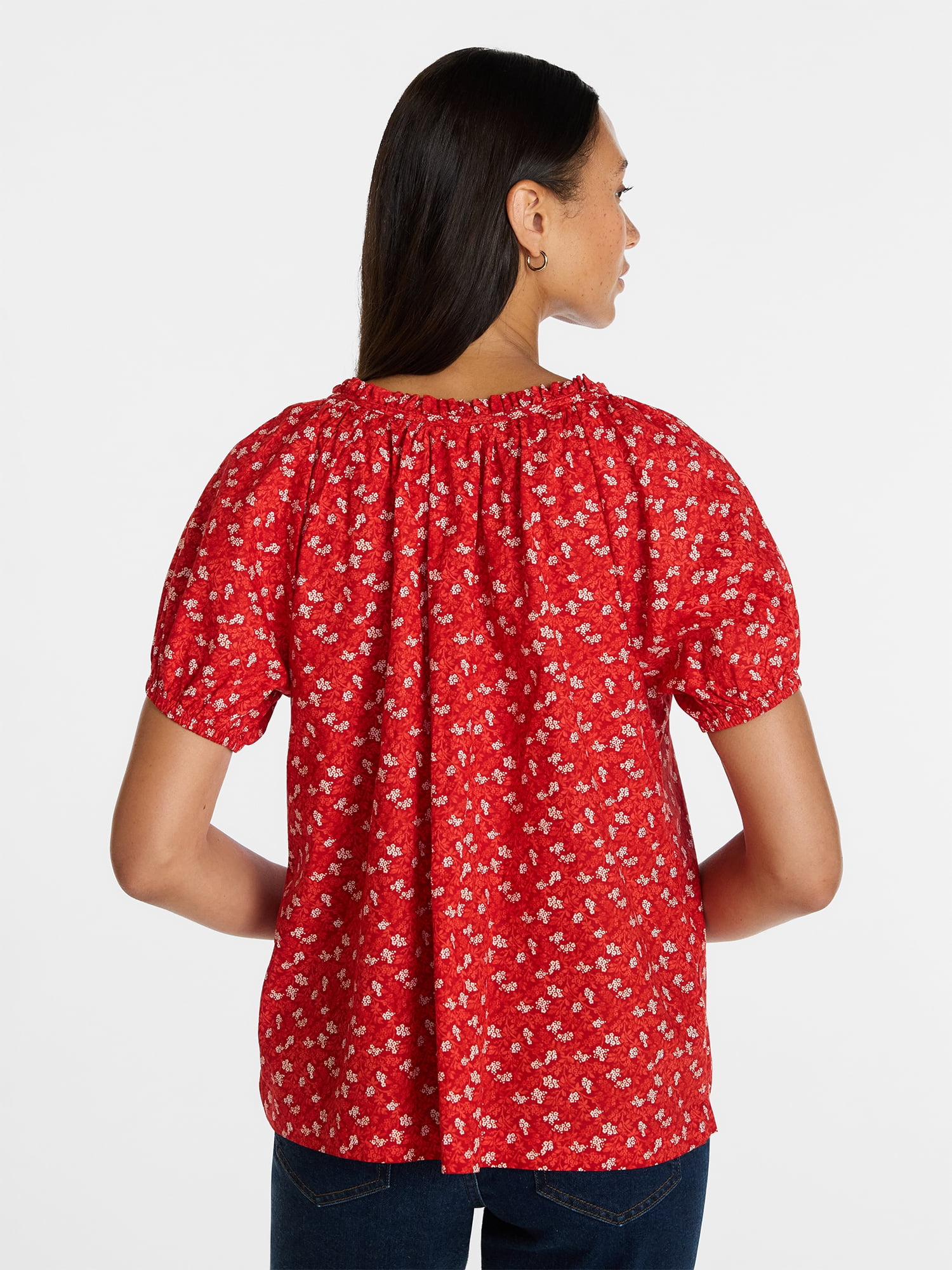 Time and Tru Women's Ruffle Neck Cotton Top with Short Puff Sleeves, Sizes XS-XXXL