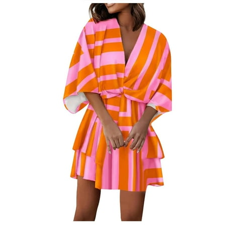 

Geyes Fashion Women s Short Dress Summer V Neck Printed Bat Sleeve Short Sleeve Dress Casual Loose Knee Length Pajama Dress