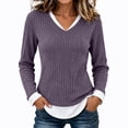 thumbnail image 2 of Women's Casual 2 in 1 Pullover Long Sleeve Layered Shirts V Neck Solid Color Blouse Fall Fashion Outfits, 2 of 9