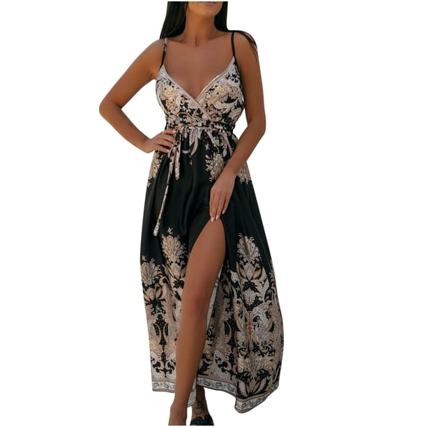 Vestido hasta el tobillo con estampado sin mangas suelto con cuello en V bohemio a la moda para mujer Fridja hj5215